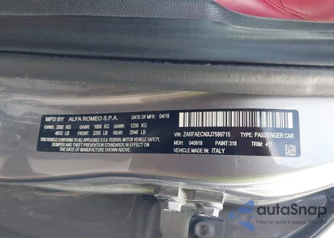 2018 Alfa Romeo Giulia Ti Rwd z USA, uszkodzony, nr VIN ZARFAECNXJ7589715